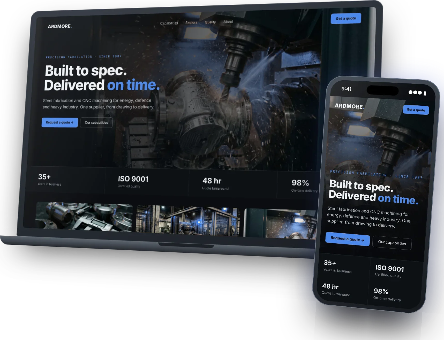 Example of a redesigned engineering company website shown on a laptop and a phone